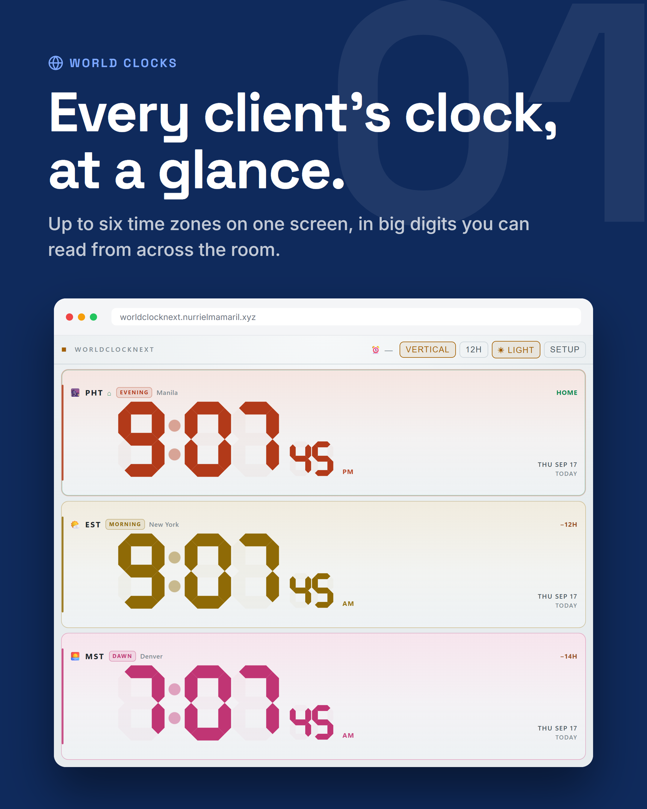 Up to six time zones on one screen