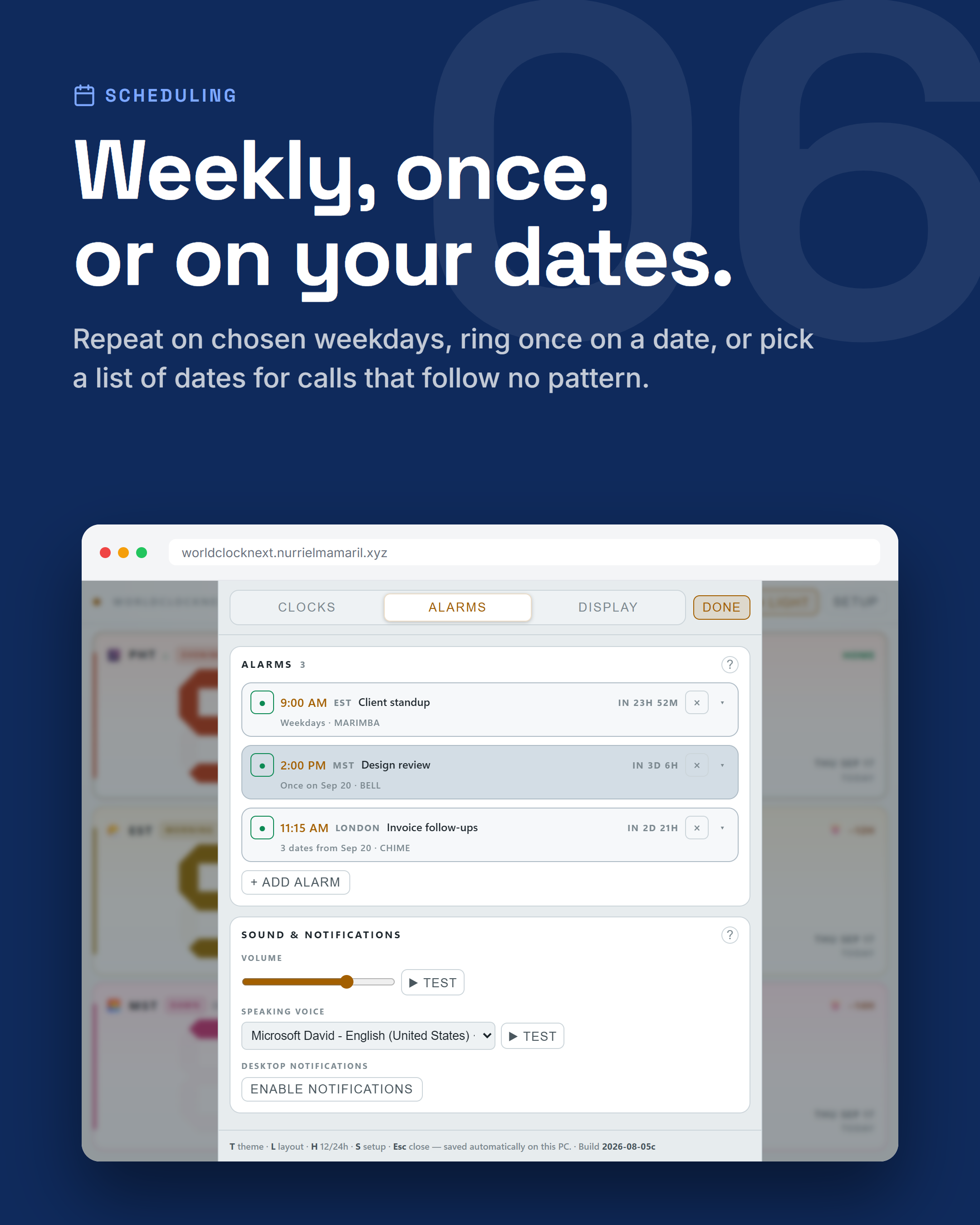 Weekly, one-off, and date-list alarms